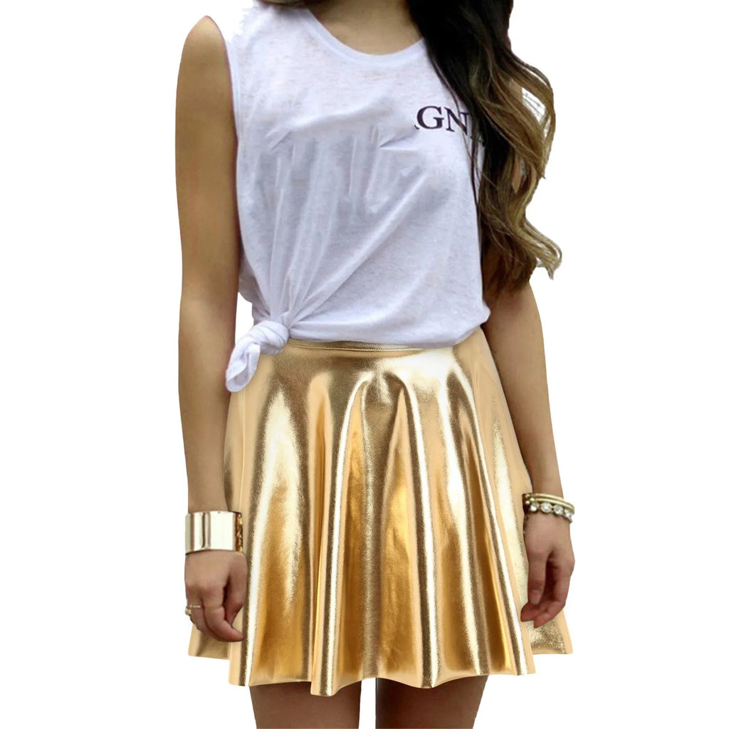 Women's Hight Waist Skirt Shiny Skater Skirt Sparkly Shiny Flared Pleated A Line Mini Skort Girls' Carnival Cosplay Skirt