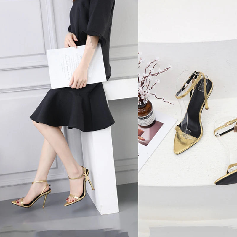 2025 New Sexy Gold Padlock High Heels One Word Buckle Open Toe Thin Heels Leather Shoes Ankle Strap Gladiator Sandal 44