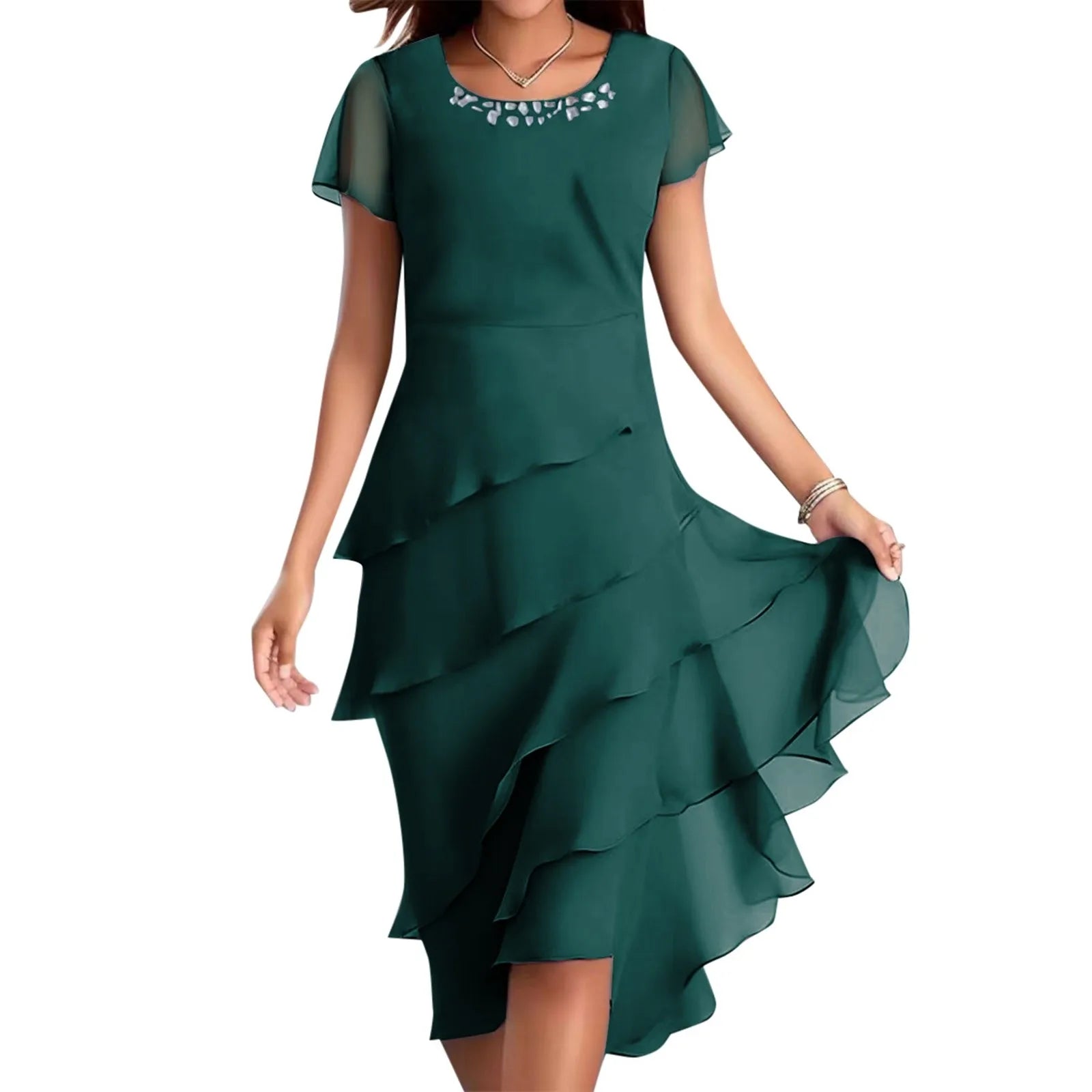 sexy chiffon puff short sleeve u neck midi dress elegant tierred layered slim fit summer dress stylish cocktail party dress