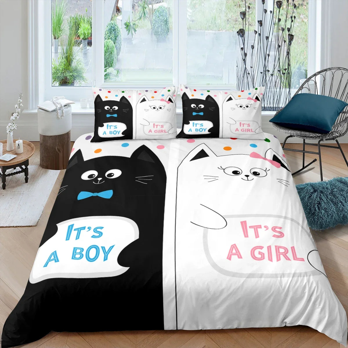 Cute Pink Pet Cats Cartoon Kitten Print Duvet Cover Pillowcase Polyester Quilt Cover for Children Women Bedroom Decoration King