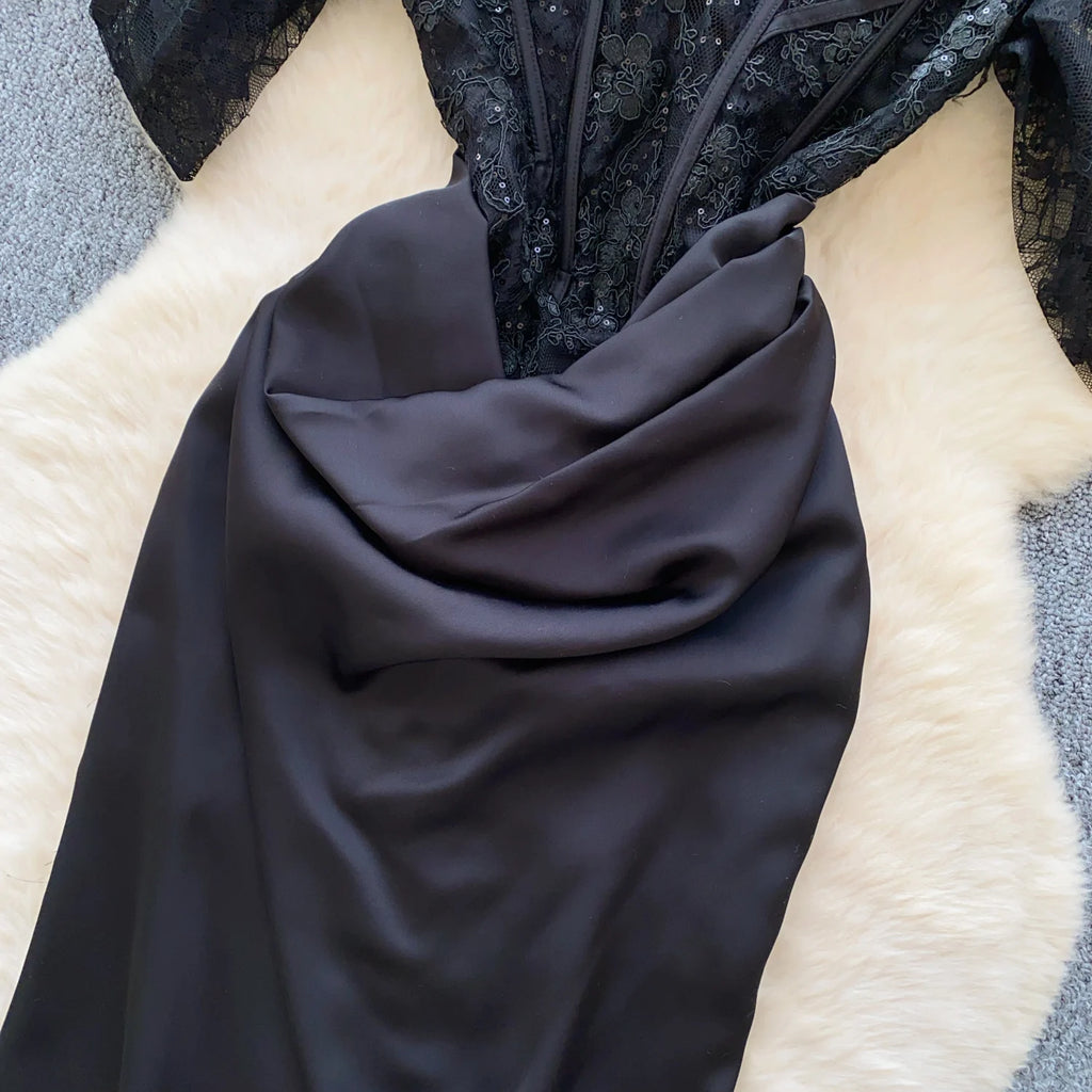 Women Chic satin Spliced mesh slash neck Sexy French Fashion Summer evening dress mermaid dress
