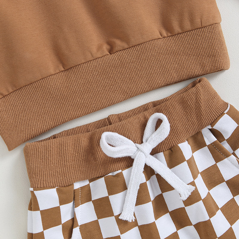 Lioraitiin 0-3Y Toddler Baby Boys Clothes Sets Long Sleeve Sweatshirt Tops and Checkerboard Print Drawstring Pants Tracksuit Set