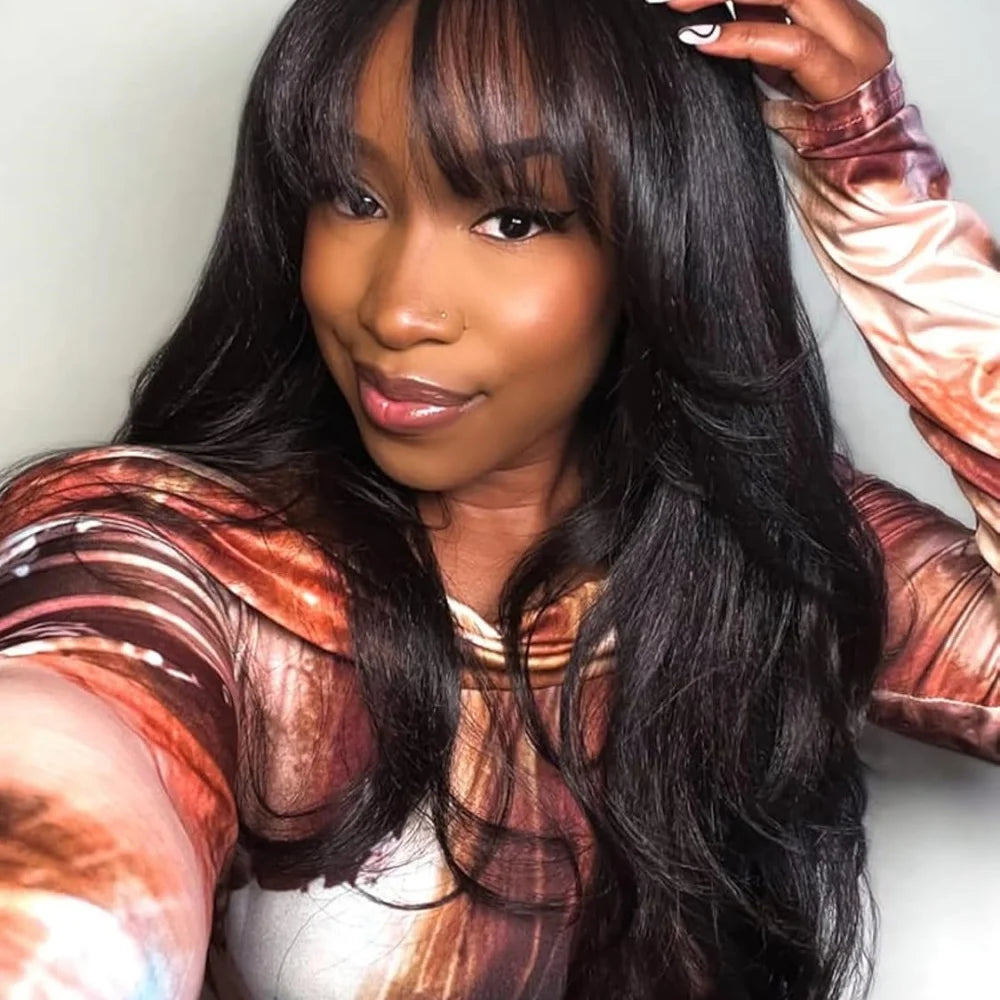 Body Wave Human Hair Wig with Bangs Middle Part 3x1 Lace Frontal Wig with Bangs Brazilian Human Hair Body Wave 34 Inch for Women