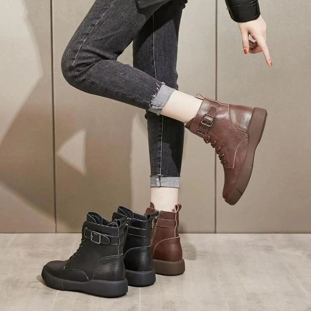 Women'S Fashionable Versatile Ankle Boots British Retro Belt Plus Velvet Short Suede Boots For Women Lace Up Flat Shoes Botines
