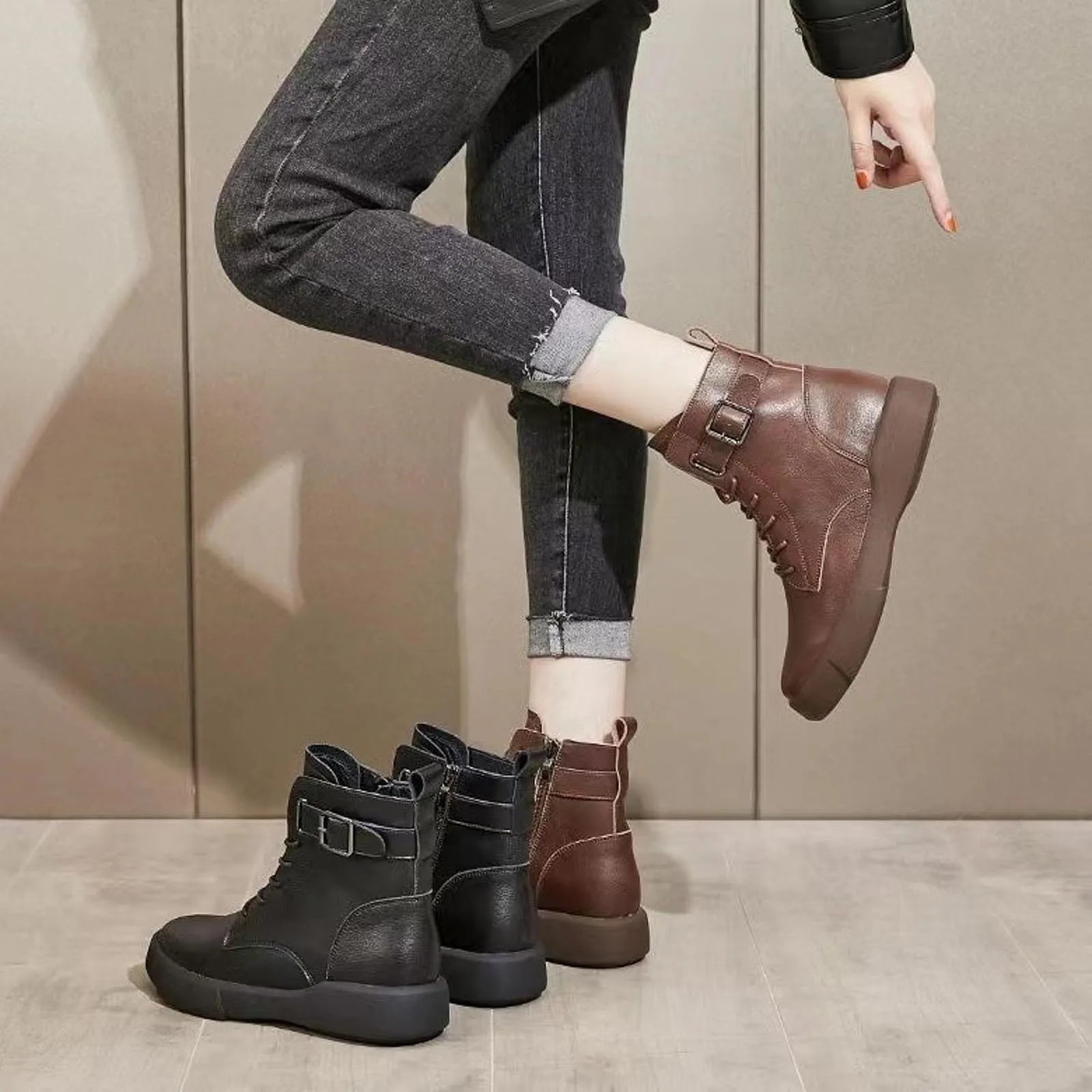 Women'S Fashionable Versatile Ankle Boots British Retro Belt Plus Velvet Short Suede Boots For Women Lace Up Flat Shoes Botines