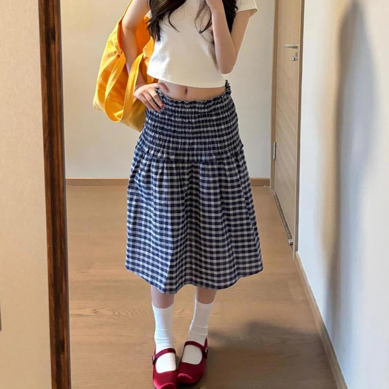 Korean Elastic High Waist Plaid Skirt Women Summer Patchwork Sleeveless A Line Dress Woman 2025 Chic Pleated Midi Skirts Female