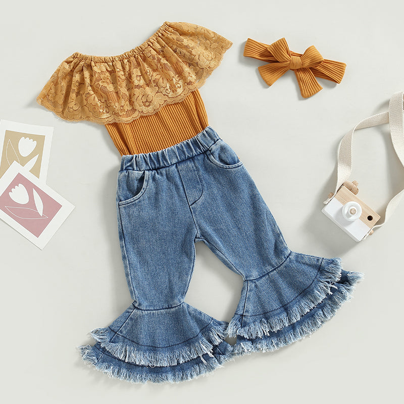 2023-01-07 Lioraitiin 0-24M Infant Baby Girls 3Pcs Summer Pants Set Sleeveless Lace Patchwork Romper with Tasseled Flare Pants