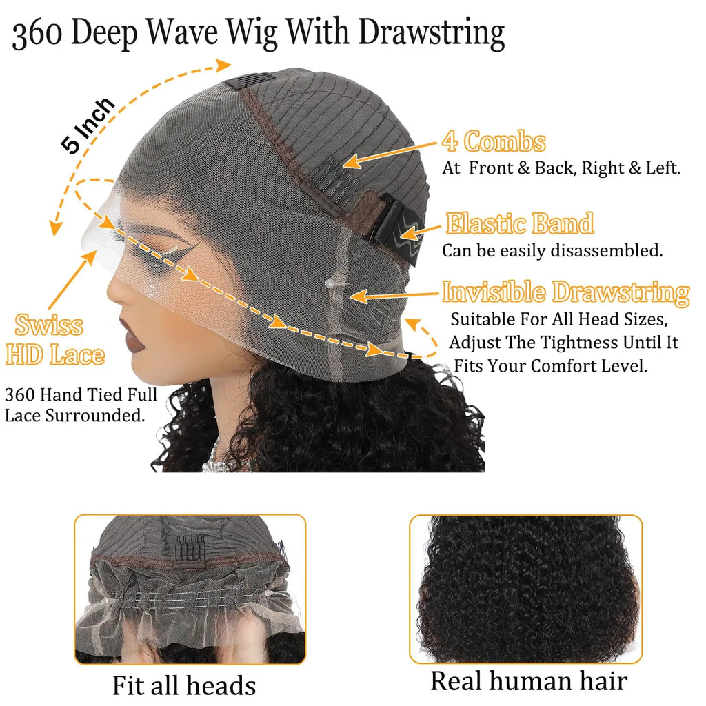 Curly Wigs 360 Full Lace Wig Deep Wave Water Wave Human Hair 1b Black Wig Invisi Strap Hd Lace Wigs 250 Density Bleached Knoted
