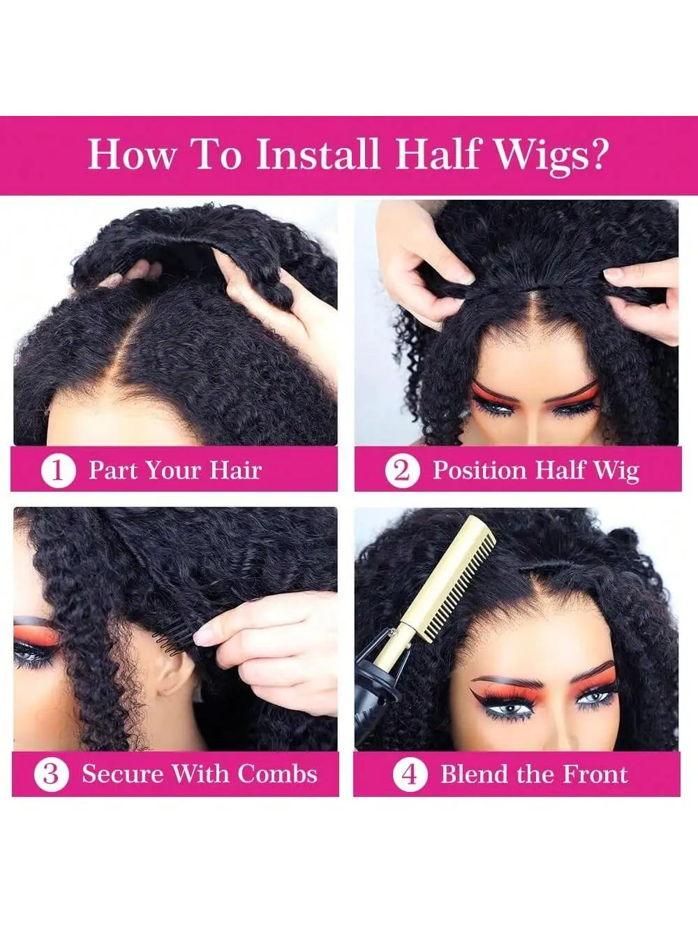 Afro Curly 3 In 1 Half Wig Human Hair Elastic Drawstring Wear Go Glueless Kinky Curly Human Hair Half Wigs Friendly To Beginners