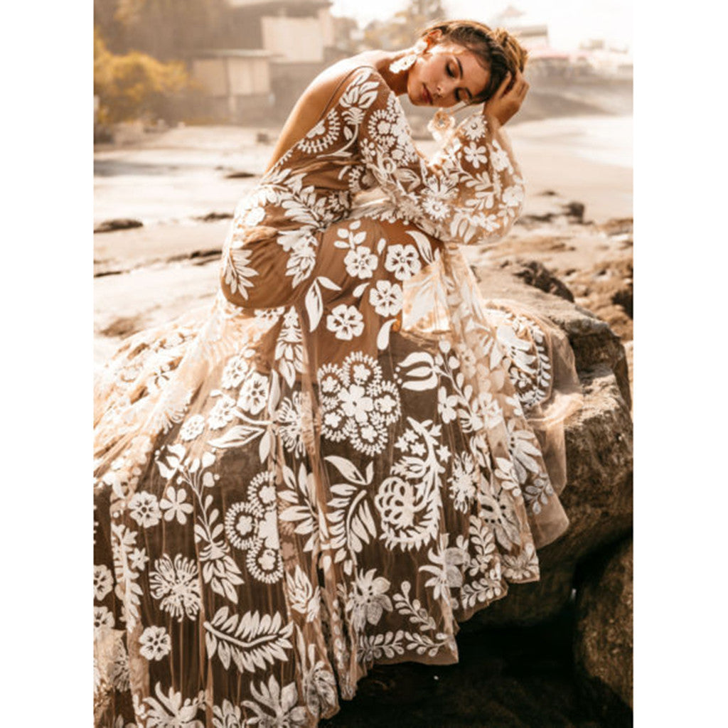 Fashion Floral Print Flared Sleeves Evening Dress Boho Women Holiday V-Neck Backless Sundress High Waist Wedding Guest Ball Gown