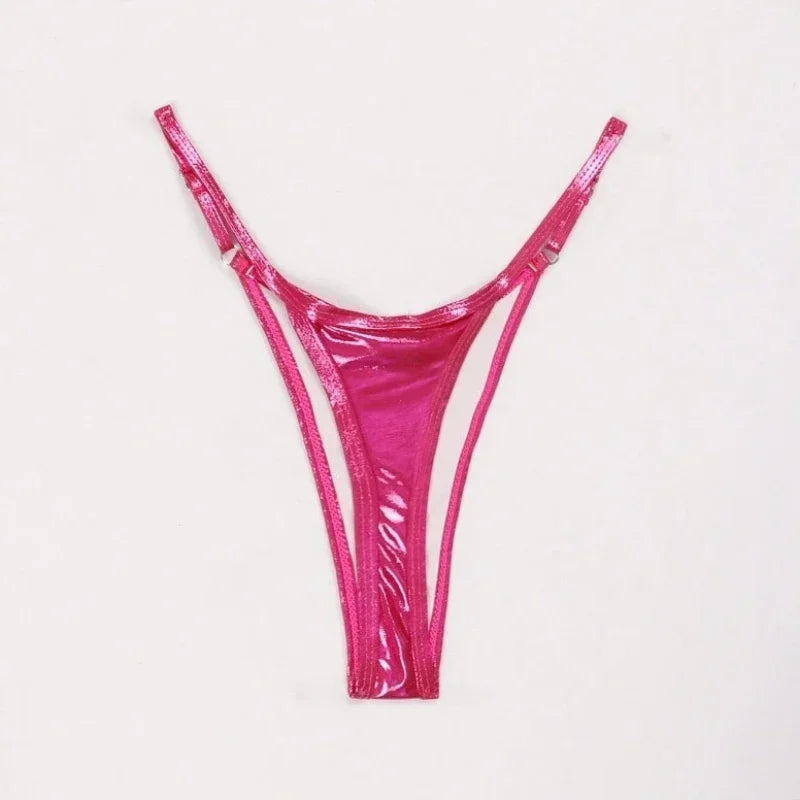 Women Adjustable Strap Thong Lady Briefs Panties G-string Glossy Triangle Shape Solid Color Elastic Mid Waist Ladies Underpants