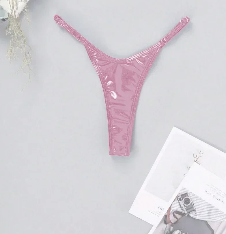 Women Adjustable Strap Thong Lady Briefs Panties G-string Glossy Triangle Shape Solid Color Elastic Mid Waist Ladies Underpants