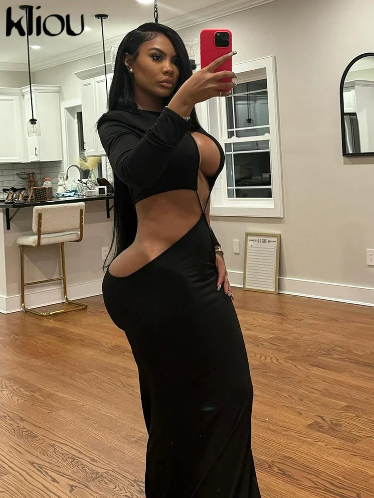 kliou Coquette Hot Women Dress Solid Fashion Unique Hollow Full Sleeve Waistless Cross Maxi Bodycon Female Stunning Party Frock
