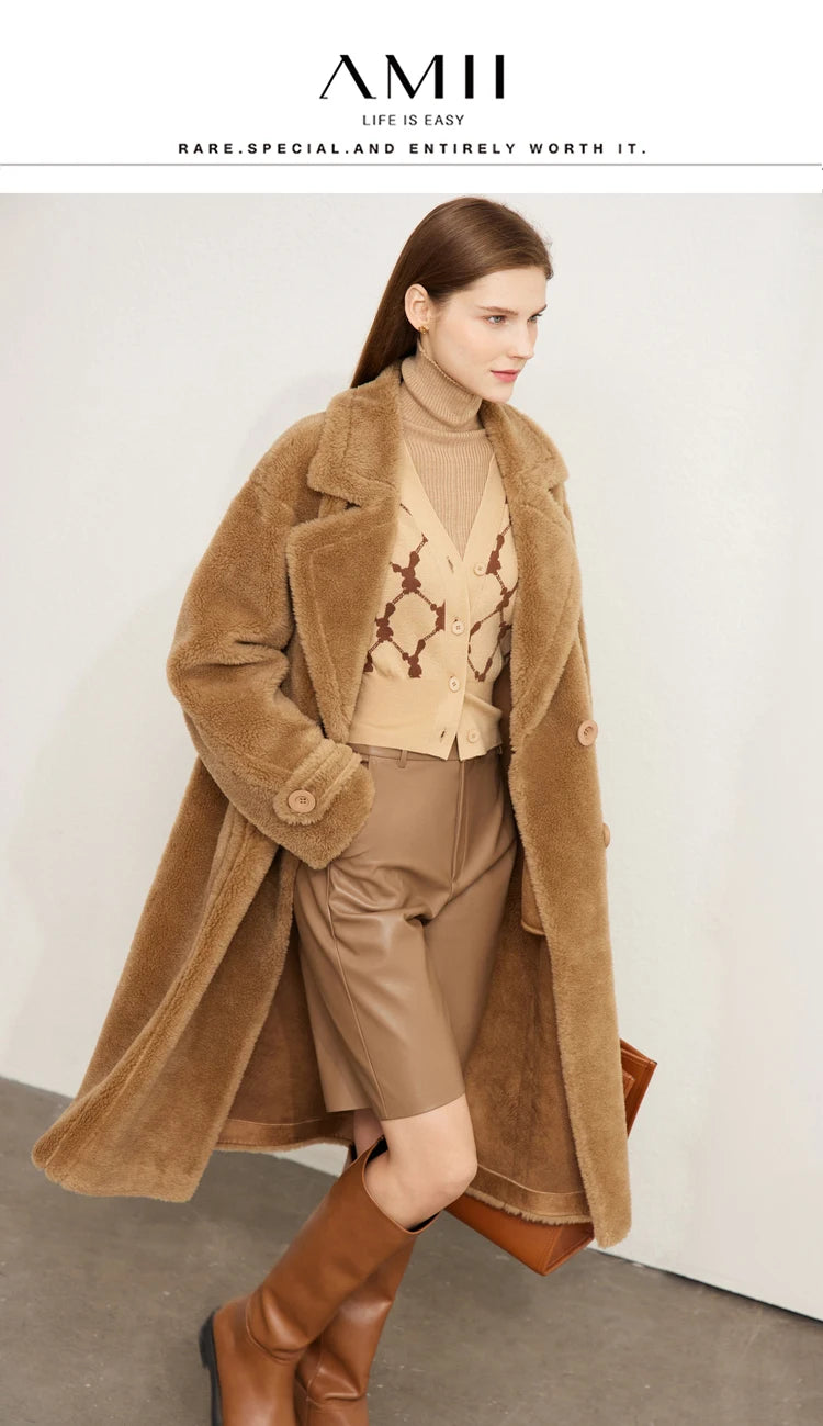 Amii Fur Coat 2025 Winter New Warm Office Lady Turn-Down Collar Full Wool Outerwears Straight Double-breasted Coat 12554013