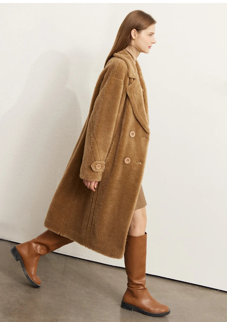 Amii Fur Coat 2025 Winter New Warm Office Lady Turn-Down Collar Full Wool Outerwears Straight Double-breasted Coat 12554013