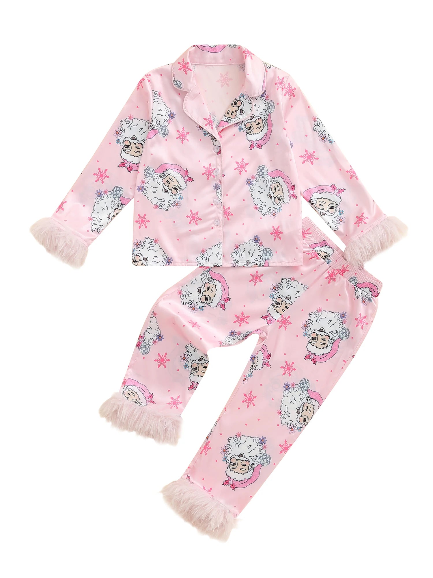 Matching Family Christmas Pajamas Set with Santa Print Button Down Long Sleeve Lapel Tops and Pants for Mommy and Me Sleepwear
