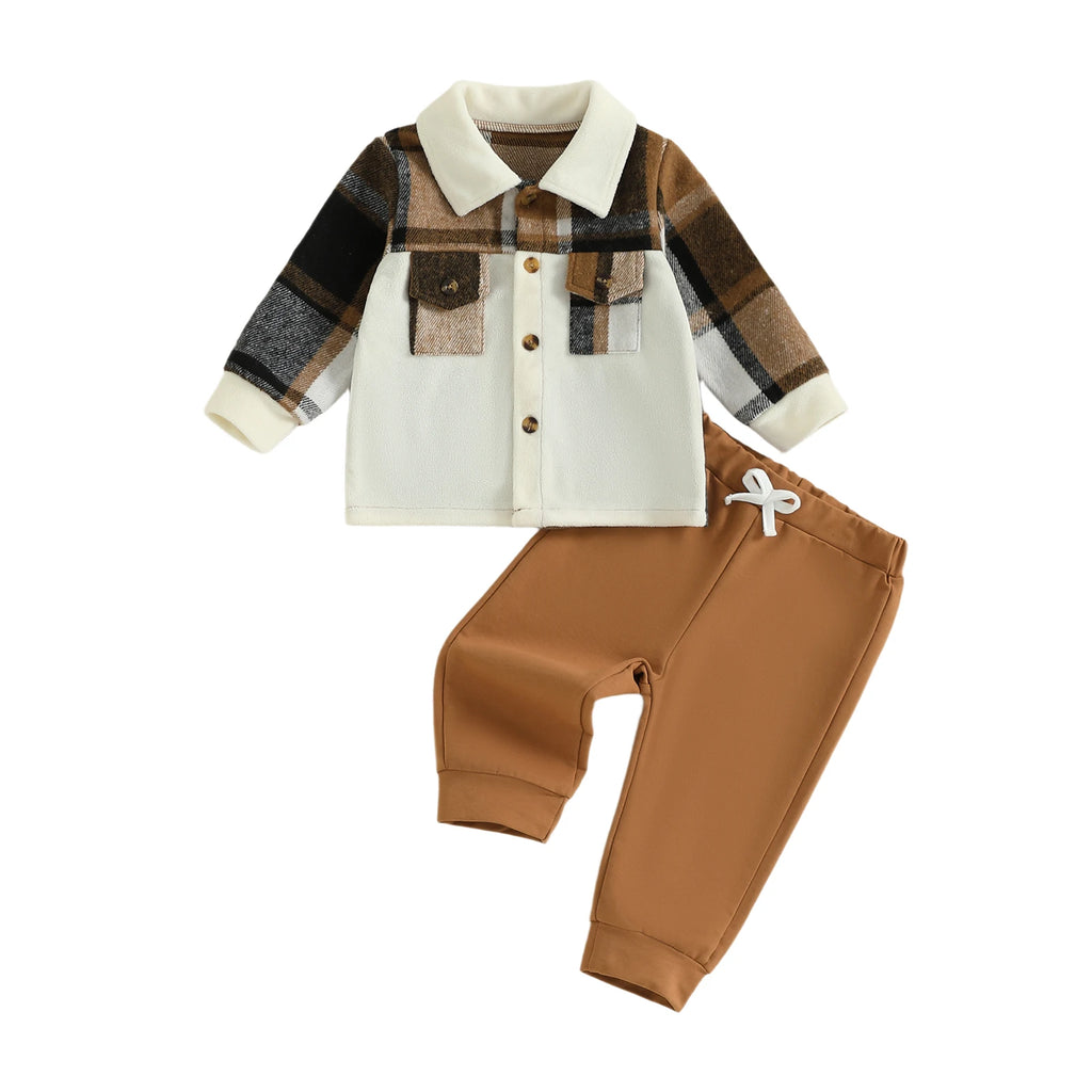 Lioraitiin Toddler Baby Boy Fall Outfit Plaid Button up Long Sleeve Shirt and Elastic Pants 2 Piece Clothes