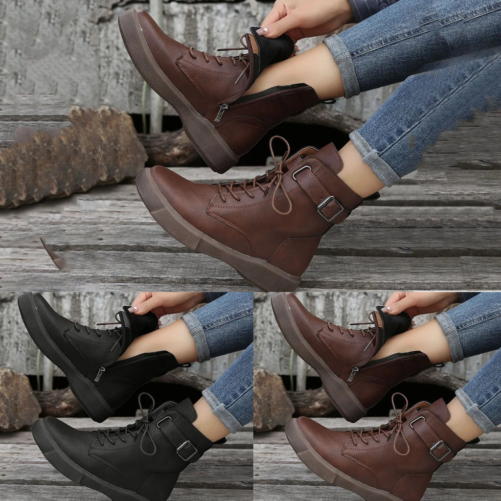 Women'S Fashionable Versatile Ankle Boots British Retro Belt Plus Velvet Short Suede Boots For Women Lace Up Flat Shoes Botines