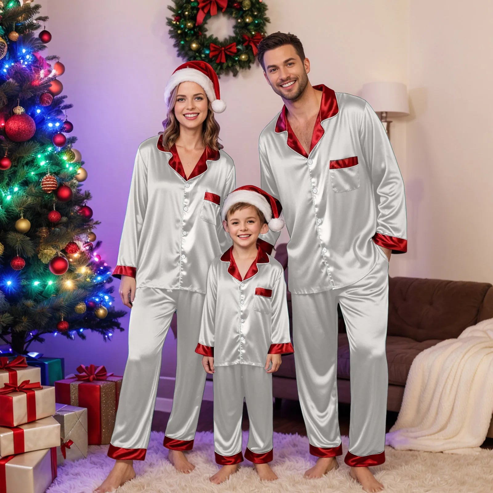 Silk Satin Christmas Family Pajamas Matching Sets Plus Size Lapel Long Sleeve Shirts And Pants Soft Silk Sleepwear Mom Dad Xmas
