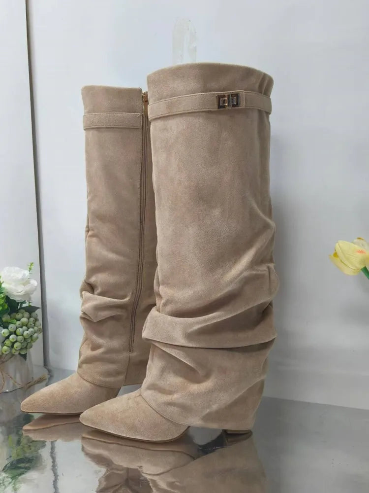 Ladies' Autumn and Winter New Pointed Knee High Women's Boots, Thick High-heeled Long Pants Boots, Fashionable Mid Rise Boots