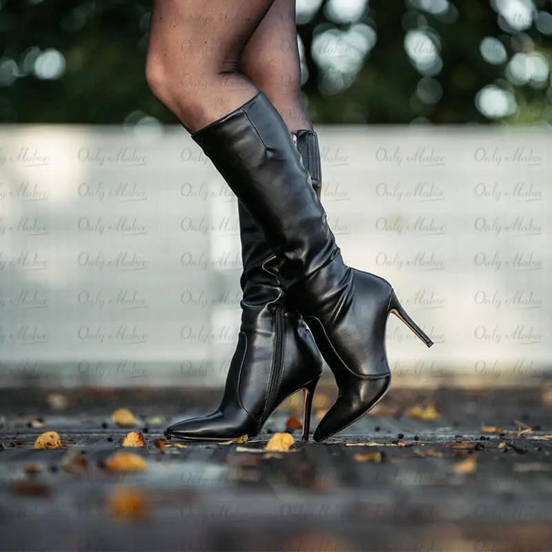 Onlymaker Pointed Toe Knee High Boots Stiletto High Heels Soft PU Leather Flock Concise Side Zipper Big Size Fashion Boots