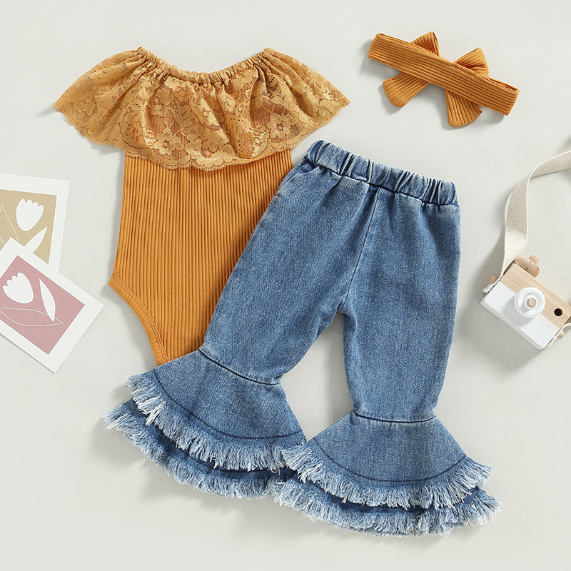 2023-01-07 Lioraitiin 0-24M Infant Baby Girls 3Pcs Summer Pants Set Sleeveless Lace Patchwork Romper with Tasseled Flare Pants