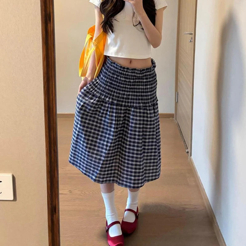 Korean Elastic High Waist Plaid Skirt Women Summer Patchwork Sleeveless A Line Dress Woman 2025 Chic Pleated Midi Skirts Female