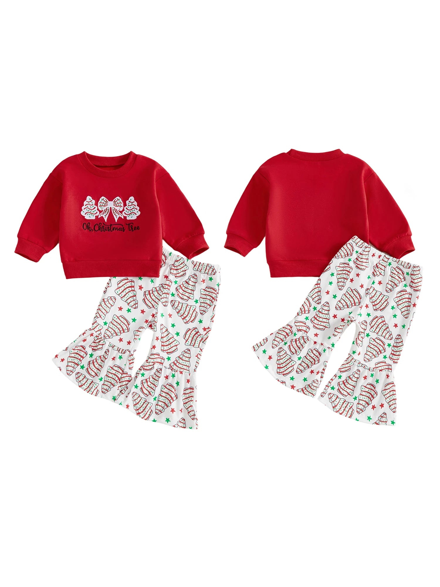 Lioraitiin Toddler Little Girl Christmas Outfit Bow Tree Applique Crewneck Sweatshirt and Flare Pants 2 Piece Winter Fall Set