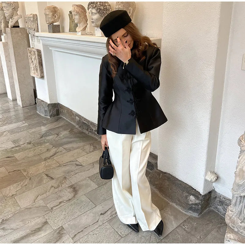 Vintage Stand Collar Velvet Frog Button Blazer Women Solid Long Sleeve Slim Cropped Jackets 2026 Spring Lady Fashion Outwear New