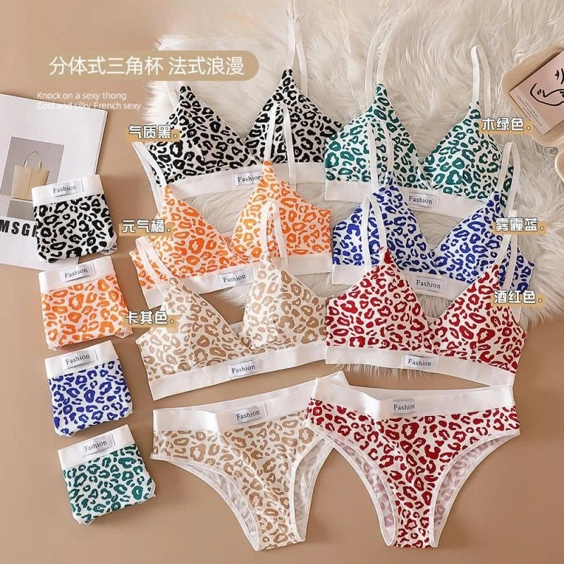 Women V-neck Bra And Panties Set Low Waist Panties Female Sexy Lingerie Set Leopard Print Cotton Bra Sport Underwear Set