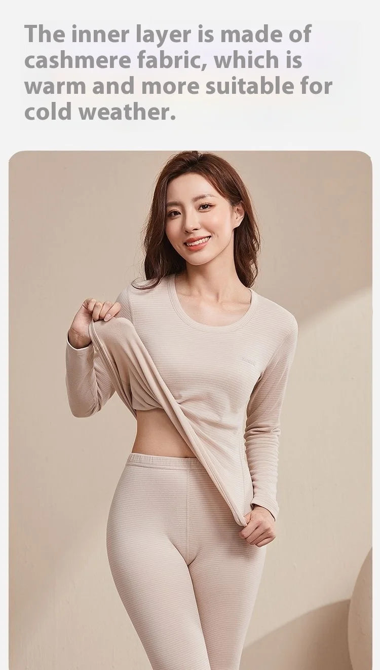New Autumn/Winter Cashmere and Silk Round-Neck Thermal Set Striped Thermal Underwear for Men and Women Base Layer Undergarments