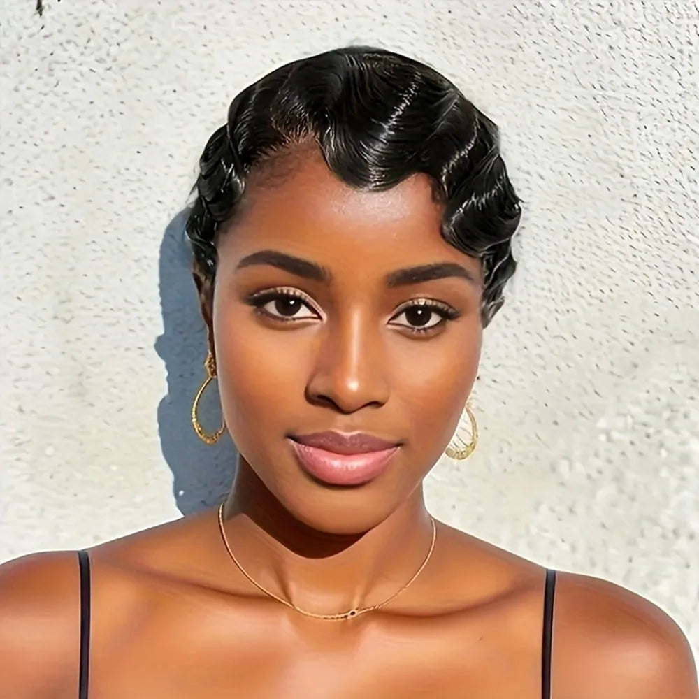 short finger wave human hair wig pixie wig natural black color for women daily party use wig pixie cut wig machine made