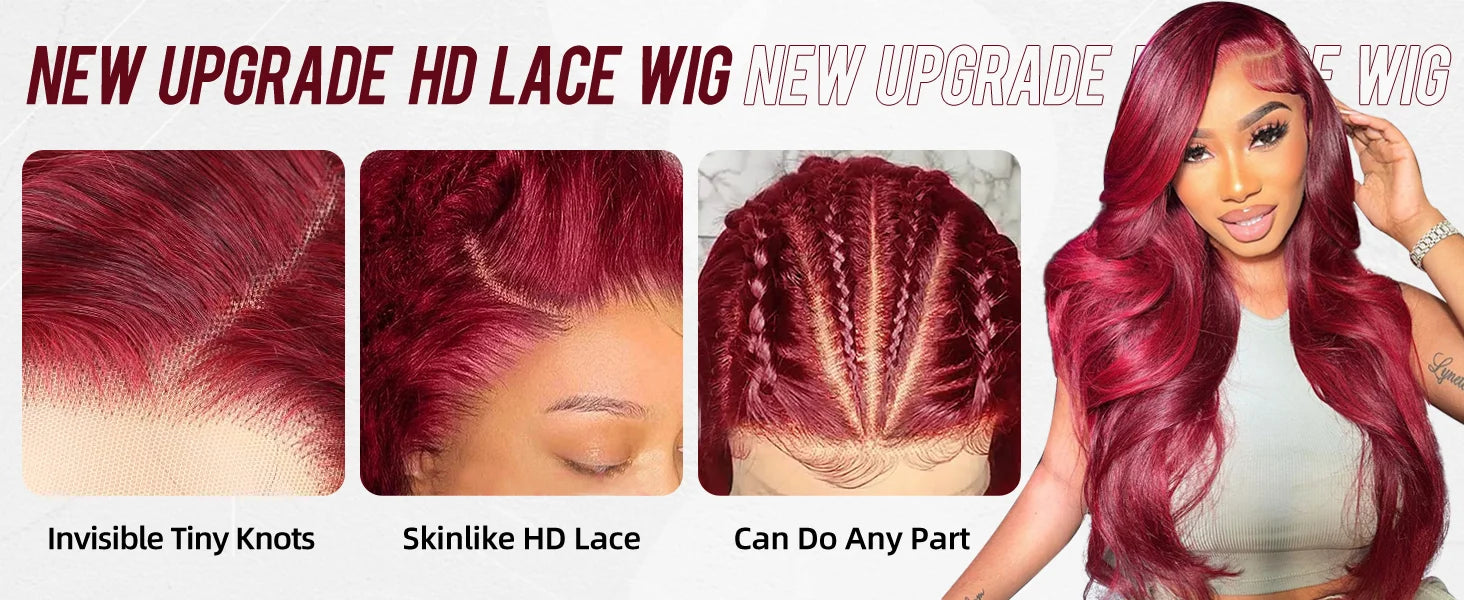 200% Colored 99j Wine Red Human Hair Wig Brazilian 40 Inch Burgundy 13x6 HD Lace Frontal Wig Body Wave 100% Remy Human Hair Wigs