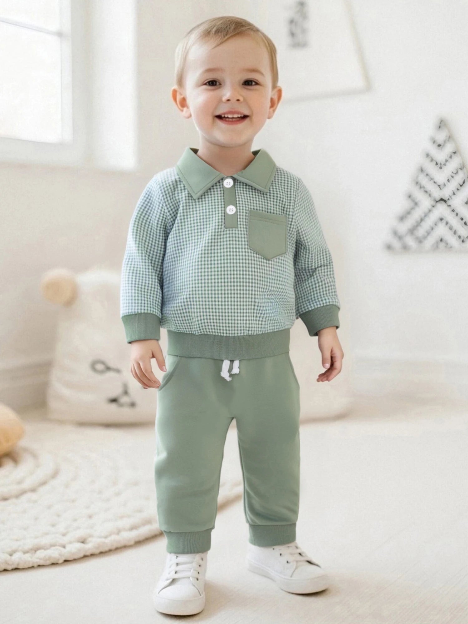 2025-06-03 Lioraitiin Toddler Baby Boys Fall Set Plaid Long Sleeve Lapel Tops and Solid Color Bow Pants with Pocket 2Pcs Outfits
