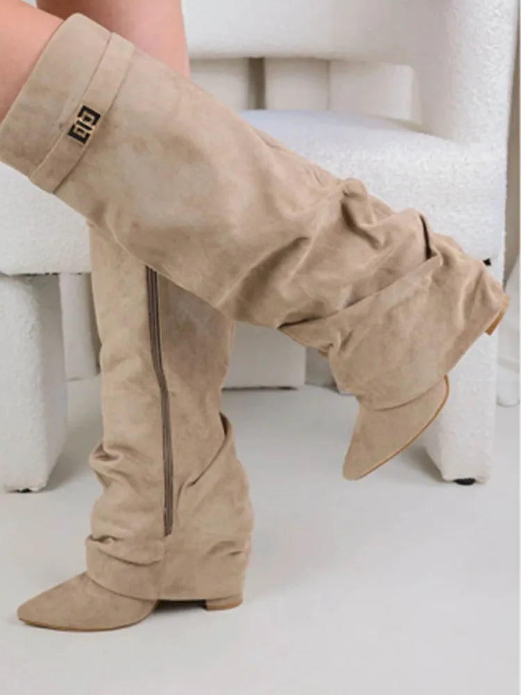 Ladies' Autumn and Winter New Pointed Knee High Women's Boots, Thick High-heeled Long Pants Boots, Fashionable Mid Rise Boots