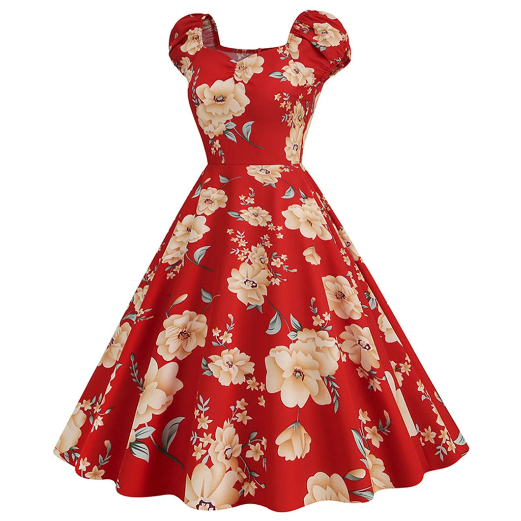 2024 Elegant Vintage Party Casual Women'S Dress Slash Neck Short Sleeve Floral Print Flare Runway Swing Evening Cocktail Dresses