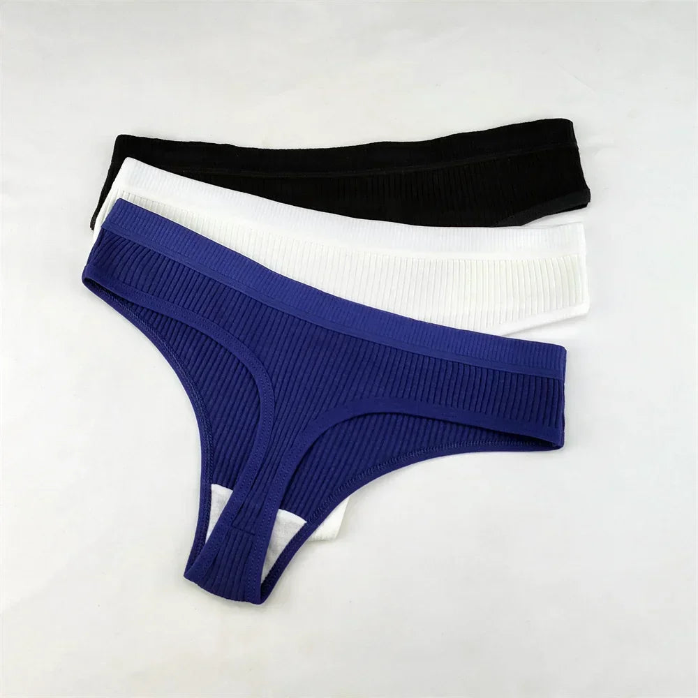 3Pcs/Set Women Thong G String Soft Ribbed Cotton Brazilian Panties Solid Color Low Rise Underwear Female Intimates Lingerie
