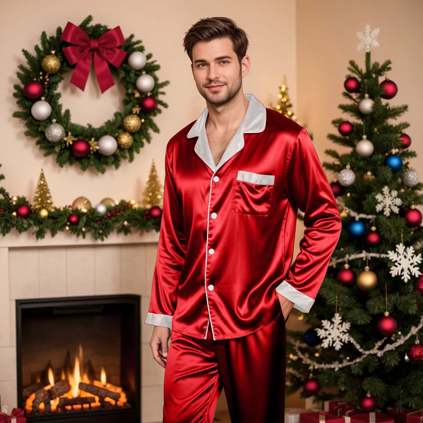 Silk Satin Christmas Family Pajamas Matching Sets Plus Size Lapel Long Sleeve Shirts And Pants Soft Silk Sleepwear Mom Dad Xmas