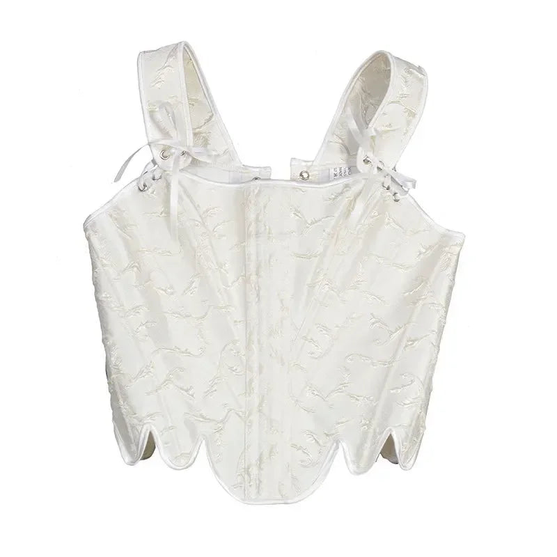 Fashion White Embossed Vintgae Petal Bodices Women Overbust Slimm Corsets Lace Up Boned Shaping Tops Korset
