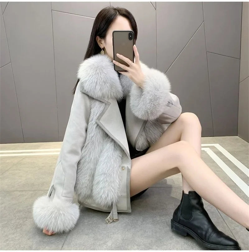 2025 Women Mid-Long Style Faux Fur Jacket Winter Female Pu Leather Splicing Fur Outwear Ladies Long Sleeve Thicken Warm Fur Coat