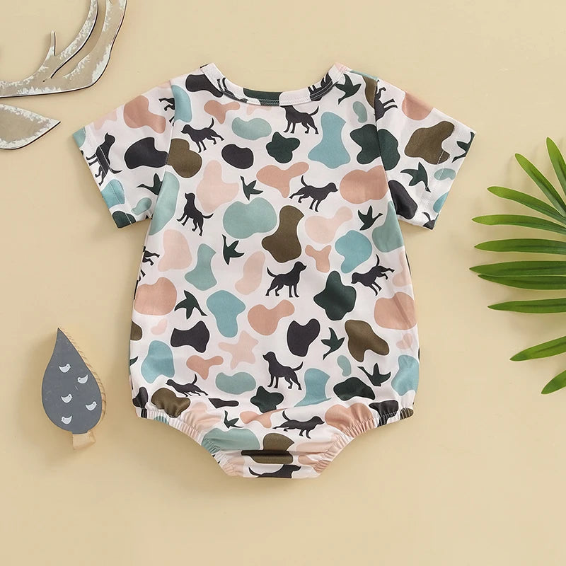 Lioraitiin Newborn Baby Boys Summer Jumpsuit Casual Dog Camouflage Print Embroidery Short Sleeve Romper Cute Clothes