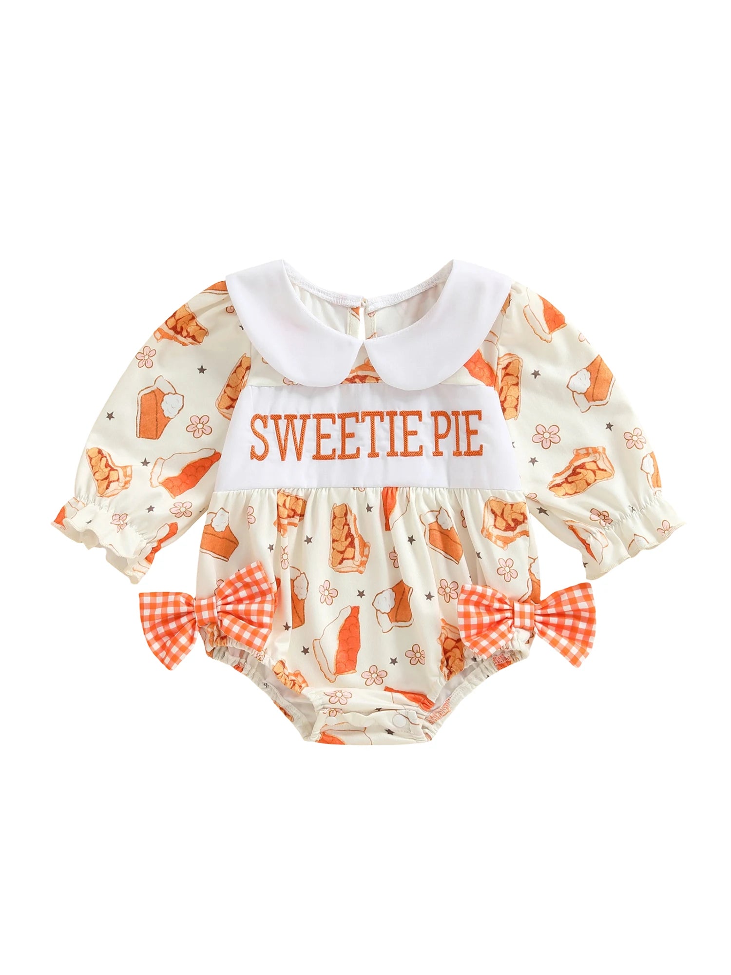 Thanksgiving Turkey Print Ruffle Sleeve Romper with Bow Detail and Peter Pan Collar for Baby Girls Fall Outfit