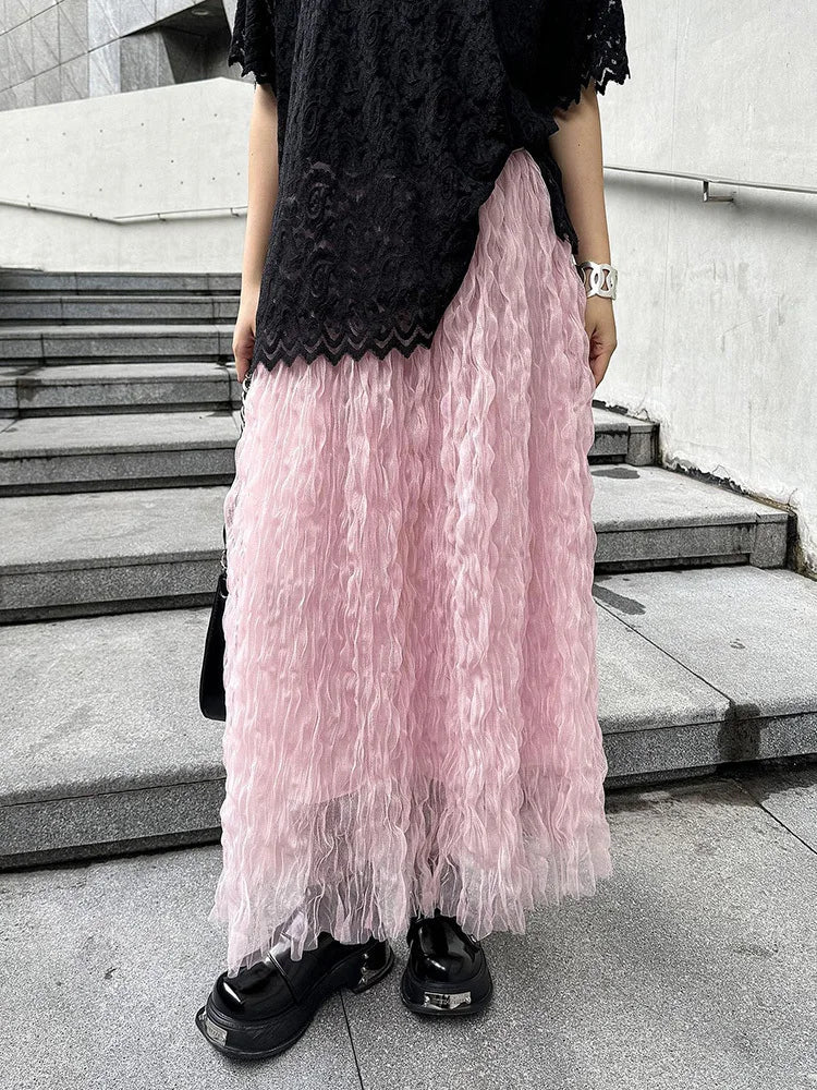 [EAM] High Elastic Waist Black Pleated Mesh Casual A-line Half-body Skirt Women Fashion Tide New Spring Autumn 2026  1DH5148