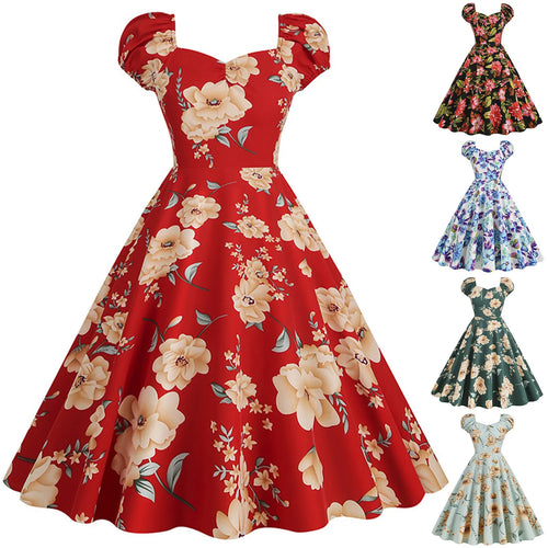 2024 Elegant Vintage Party Casual Women'S Dress Slash Neck Short Sleeve Floral Print Flare Runway Swing Evening Cocktail Dresses