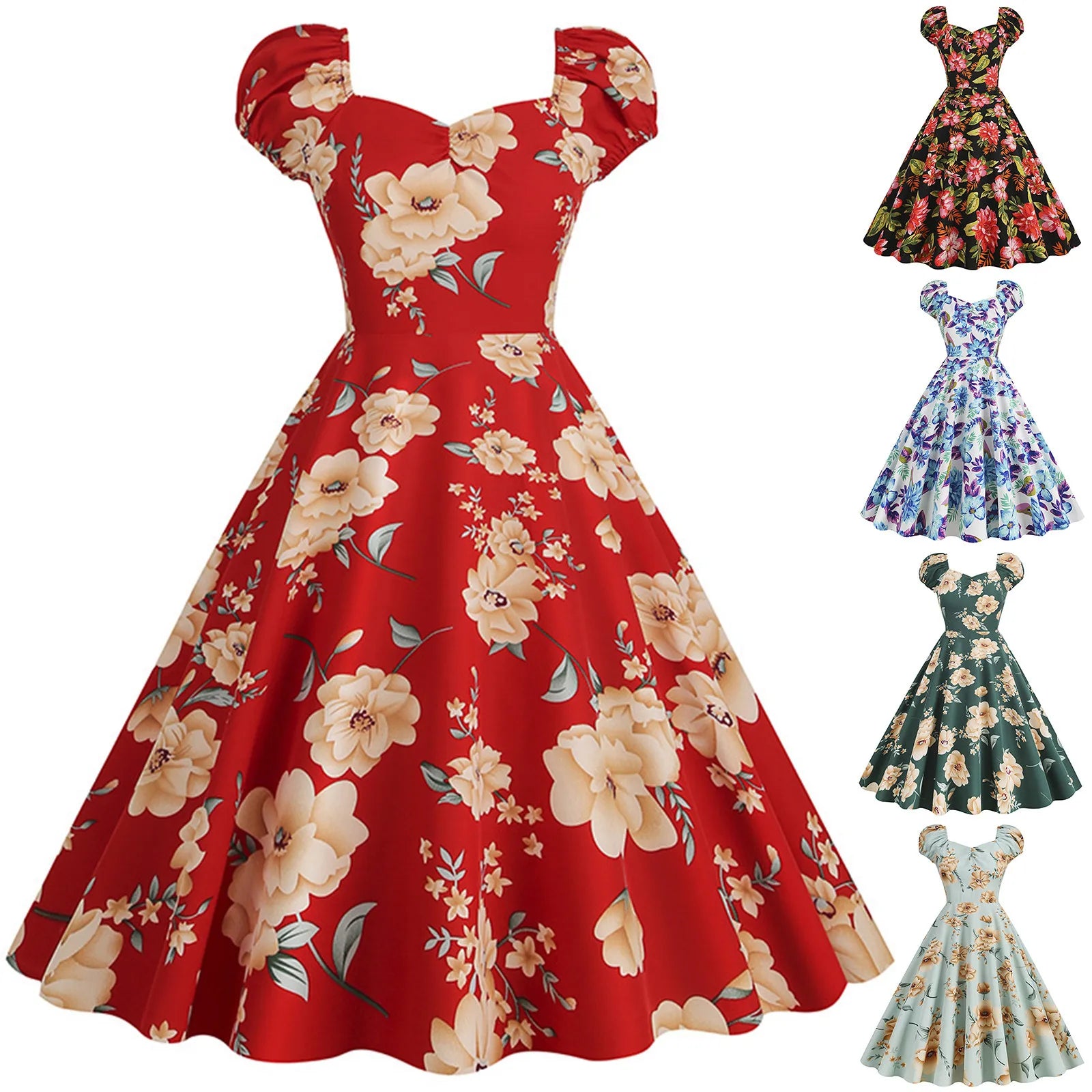 2024 Elegant Vintage Party Casual Women'S Dress Slash Neck Short Sleeve Floral Print Flare Runway Swing Evening Cocktail Dresses