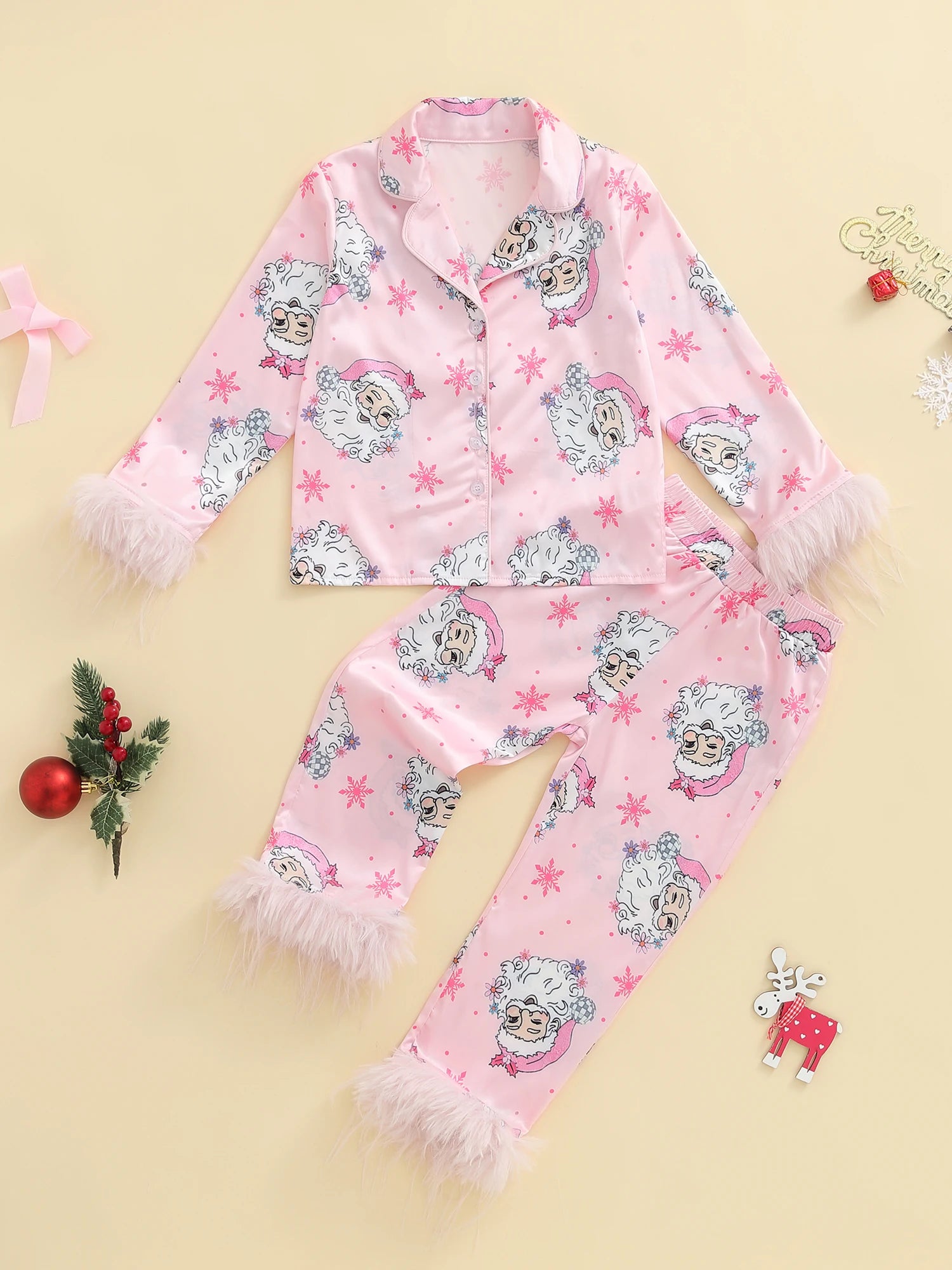 Matching Family Christmas Pajamas Set with Santa Print Button Down Long Sleeve Lapel Tops and Pants for Mommy and Me Sleepwear