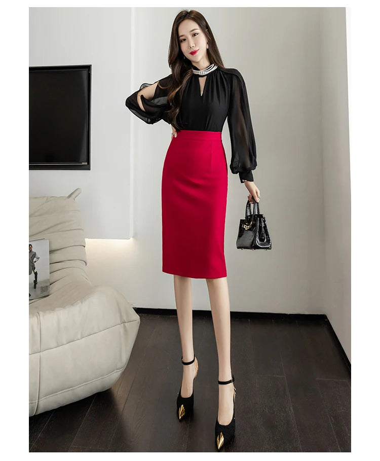 Fahsion Summer Office Black Skirts Women 2024 Elegant High Waist Gray Red Bodycon Skirt Sexy High Waist Midi Mujer Faldas S-2XL