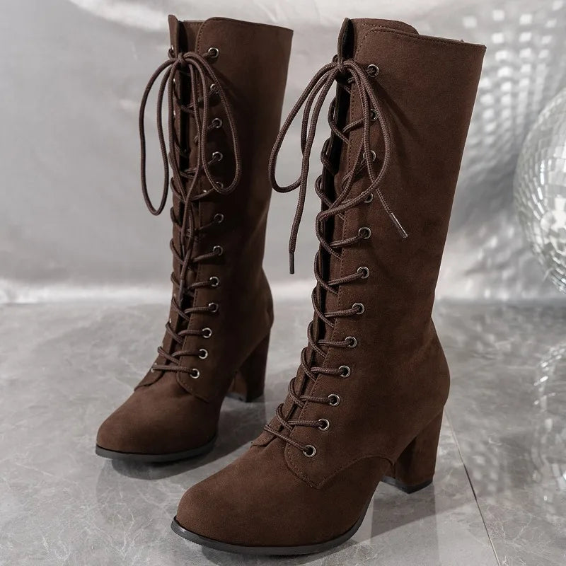 Winter New Coarse Heel Shoes Women's Round Head Front Cross Lacing Anti-slip Wear-resistant High Boots
