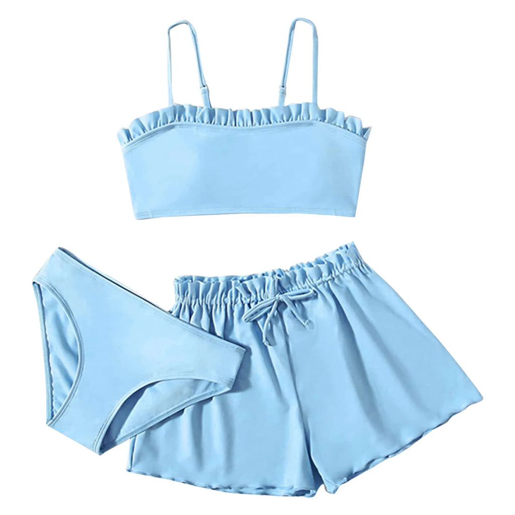 Swimsuit For Girls 2024 Toddler Girl'S 3 Piece Swimsuits Solid Color Rullfe Bathing Suit Beach Swimwear Set Girls Bikinis