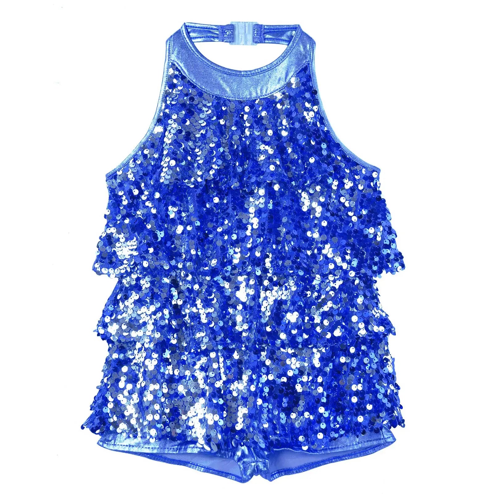 Shiny Sequins Kids Girls Halter Ballet Dance Stage Performance Dress Shorty Unitard Dress Modern Jazz Latin Dancing Costumes